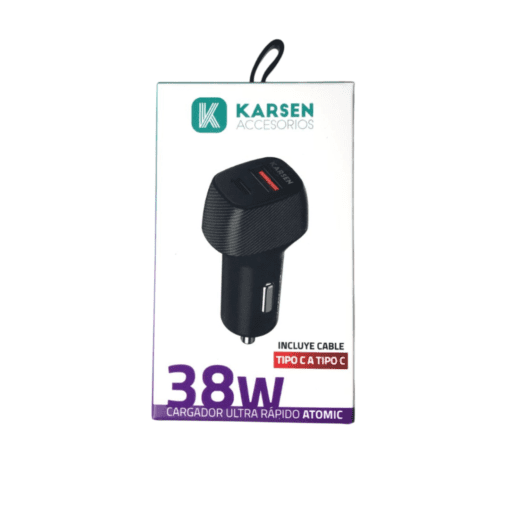 CARGADOR AUTO ATOMIC TIPO C + USB C/CABLE TIPO C A TIPO C 38W KARSEN