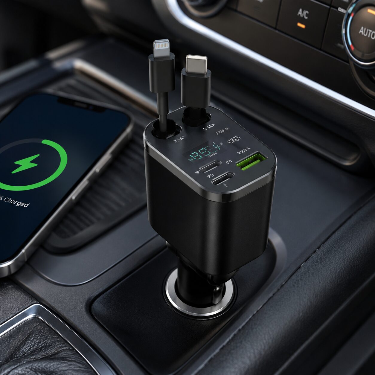 CARGADOR AUTO M4 5 EN 1 CON CABLE RETRÁCTIL TYPE-C Y LIGHTNING - Imagen 2