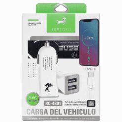 CARGADOR AUTO 4.8A ADAPTADOR TIPO C 2 USB RC-4801 DESARMADO